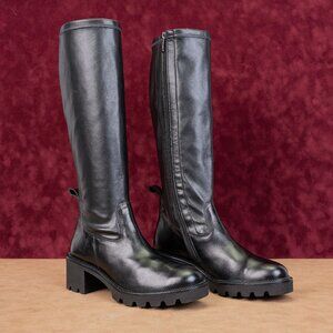 Paul Green Women Mil Black Leather Lug Sole Fashion Tall Boots sz 8.5US AUS 6